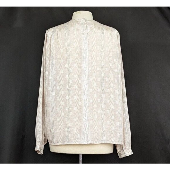 Vintage 80s Blouse Gray Pink Cream Stripe Print Pleated Top Shirt Misses Size 10 - Picture 4 of 7